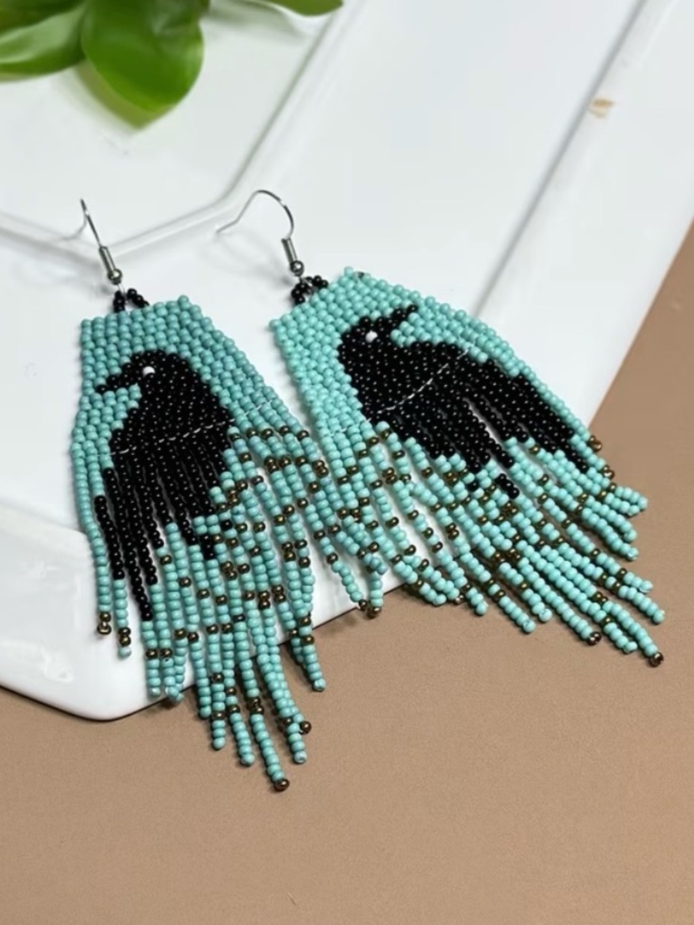 Handmade Turquoise Beaded Raven Fringe Earrings